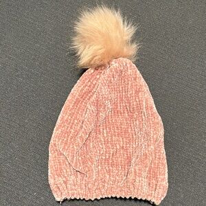 Cozy Pink Knit Velvet Beanie with Pom Pom